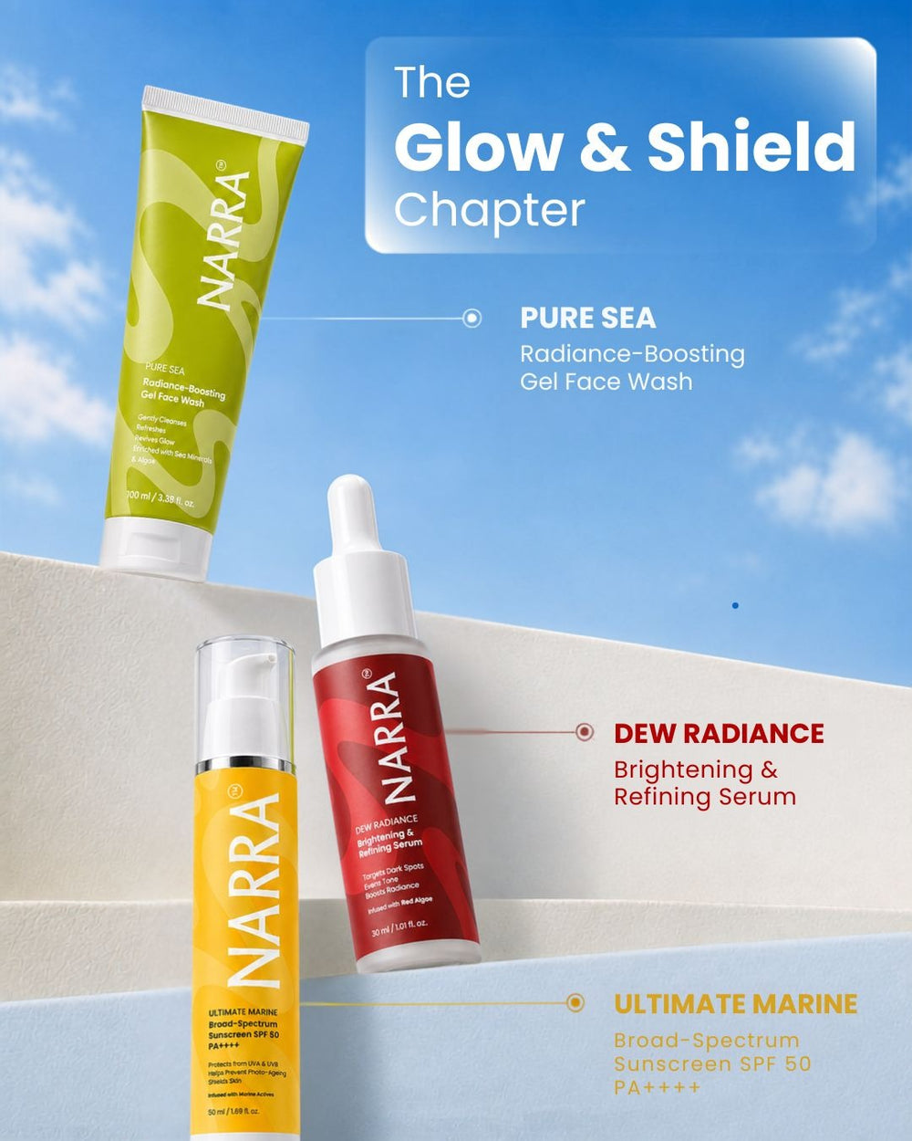 NARRA Glow & Shield Chapter – brightening serum and SPF combo for radiant, protected skin
