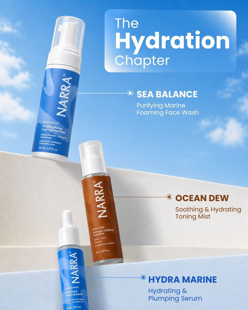 NARRA Hydration Chapter – toning mist, hydrating serum & moisturiser combo for dry, dehydrated skin