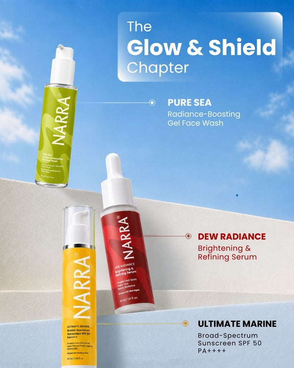 The Glow & Shield Chapter – Marine Face Wash, Brightening Serum & SPF 50 Sunscreen Set | NARRA