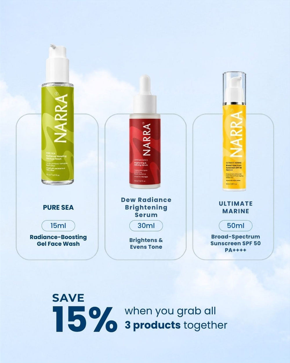 The Glow & Shield Chapter – Marine Face Wash, Brightening Serum & SPF 50 Sunscreen Set | NARRA
