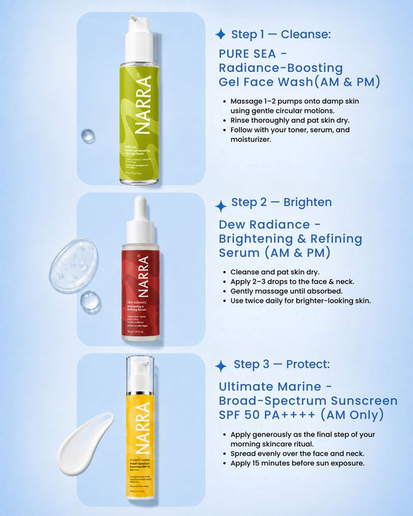 The Glow & Shield Chapter – Marine Face Wash, Brightening Serum & SPF 50 Sunscreen Set | NARRA