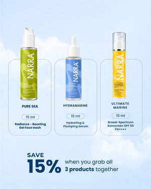 The First Ritual Trio – Mini Marine Face Wash, Hydrating Serum & SPF 50 Sunscreen Kit | NARRA