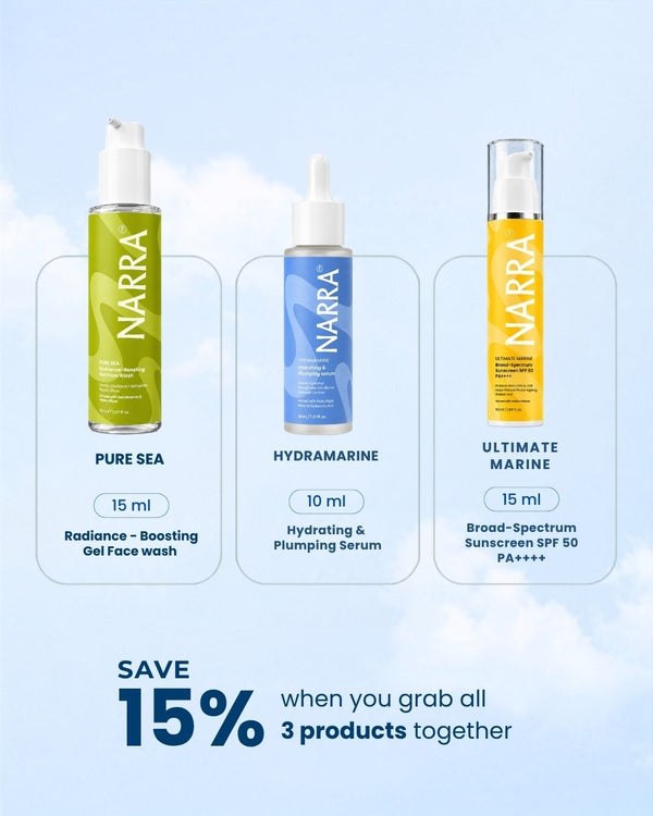 The First Ritual Trio – Mini Marine Face Wash, Hydrating Serum & SPF 50 Sunscreen Kit | NARRA