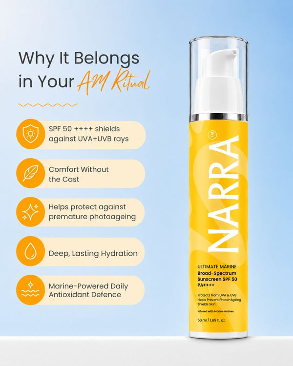 sunscreen-spf50.jpg	NARRA Ultimate Marine – broad spectrum SPF 50 PA++++ sunscreen for Indian skin, non-greasy finish